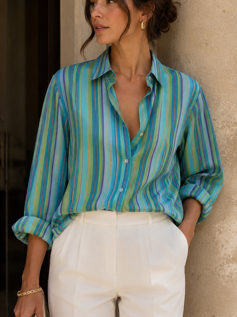 MaxMara Pure Seta Luxury Pastel Striped Silk Button-Down Blouse Made in Italy